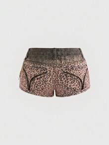 ROMWE J-Fashion Y2K涩谷辣妹豹纹金箔低腰交叉复古紧身超低腰女式牛仔短裤 - 棕色 - 查看 2