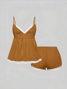 ROMWE Set Piyama Kasual Berbahan Camisole dan Celana Pendek dengan Motif Renda Bergaris - Coklat - View 2