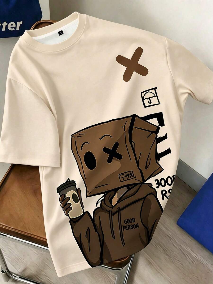 Daypath Men Plus Size Cartoon Letter Print Fashionable Summer Casual Sportswear Tee, Holiday - Apricot - View 1
