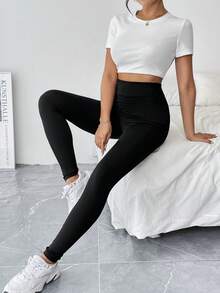 Chiquease Quần dài thể thao thường ngày cạp cao màu trơn cho nữ - màu đen - Xem 5