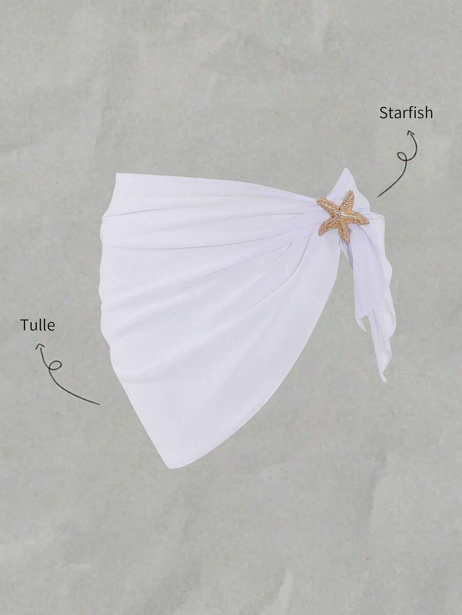 SHEIN White Solid Color Minimalist Vacation Style Chiffon Dress With Starfish Decor, Suitable For Beach, Summer Vacation, Swimming, Party, Pool, Tween Girls Cover-Up - White - View 1