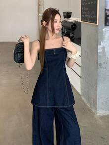 DAZY 女士水洗韩式休闲百搭牛仔套装，春夏款 - 藍色 - 查看 3
