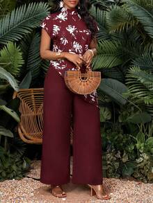 SHEIN Lady 女款立領短袖不對稱下擺休閒夏季兩件套 - 酒紅色 - 查看 3