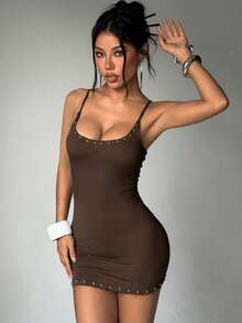 EgrlEra Gaun Terusan Bodycon Seksi Modis Wanita dengan Detail Rivet, Musim Panas - Coklat - View 3