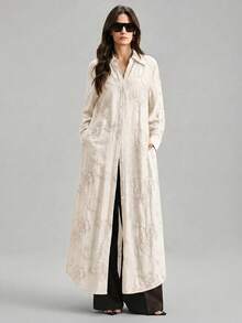 Ontre Beige,Summer,Elegant,Vacation, Al-Adha Women's Long Sleeve Blouse,Textured Fabric Button Closure Loose Fit Side Slit Long Shirt,Minimalist Fashion - Beige - View 3