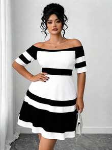 SHEIN CURVE+ Plus Size Black And White Elegant Casual Retro Striped Off-Shoulder Short-Sleeved A-Line Midi Dress Summer Wedding Formal Wedding Guest Bridal Shower - Black and White - View 5