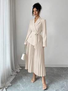 SHEIN PETITE 女款休閒百搭通勤拼接西裝領長袖收腰百褶中長洋裝，秋冬款 - 杏色 - 查看 3