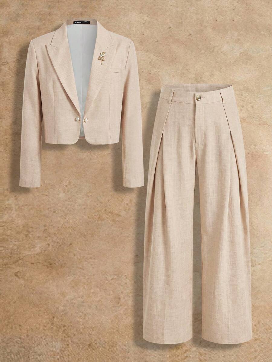 HIMLAND 男士梭织休闲宽松长袖外套和松紧腰直筒裤两件套 - 卡其色 - 查看 1