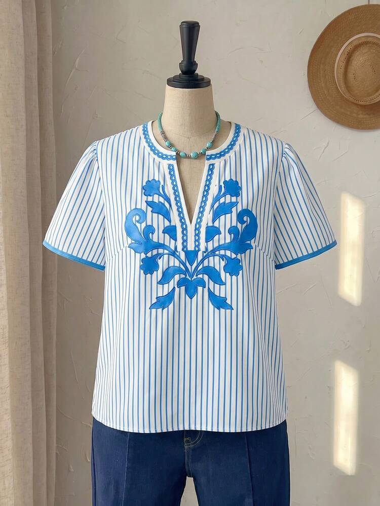 Plus Size Women Summer Beach Vacation Botanical Striped Print Notched Neck Short Sleeve Shirt Summer Top Summer Outfit For Women