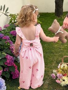 LMoss Kids Bộ áo liền quần dệt sọc cổ bèo cho bé gái, kiểu dáng thường ngày. - Màu Hồng baby - Xem 1