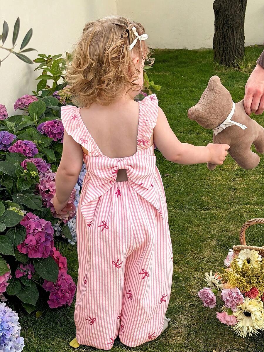 LMoss Kids Bộ áo liền quần dệt sọc cổ bèo cho bé gái, kiểu dáng thường ngày. - Màu Hồng baby - Xem 1