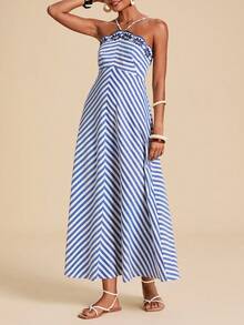 Travachic Embroidered Striped Casual Dress - Blue and White - View 8