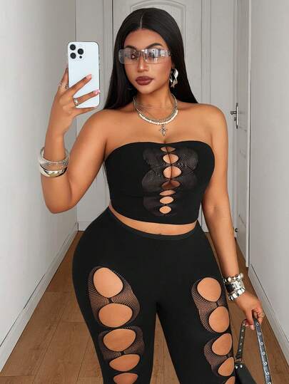 Maweii Büyük Beden Kadınlar İçin Seksi Dekolteli Bandeau Üst ve Pantolon Takımı