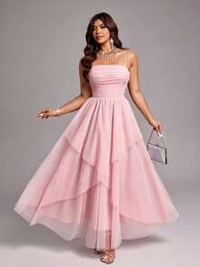 Viva Relle Vestido de fiesta elegante con tirantes de malla para tallas grandes - Rosa - Ver 1