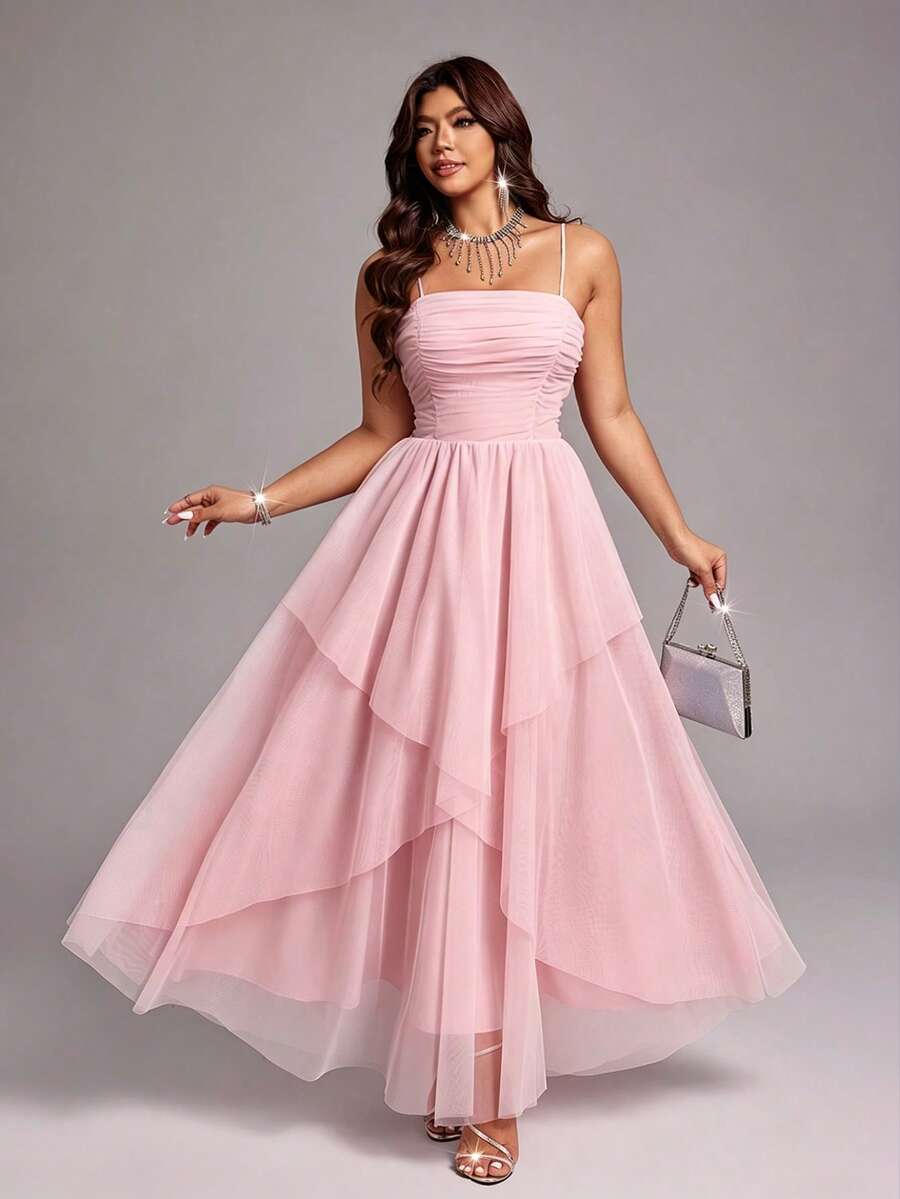Viva Relle Vestido de fiesta elegante con tirantes de malla para tallas grandes - Rosa - Ver 1