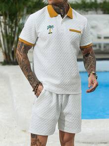 Manfinity Homme Men's Knitted Jacquard Solid Color Textured Collar & Cuff Ribbed Chest Stripe & Embroidered Classic Two-Button Polo Set - White - View 7