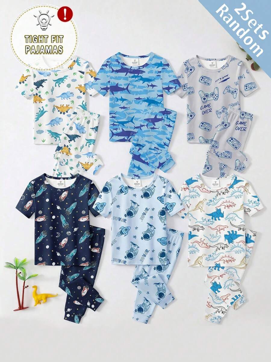SHEIN 【6件套随机2件】男童睡衣,春夏新品,时尚热销元素:游戏机、鲨鱼、火箭、恐龙、宇航员图案印花,针织紧身高弹面料短袖长裤睡衣套装,2件上衣+2件裤子(随机发货) - 彩色 - 查看 1