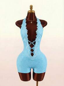 Amplova Bộ jumpsuit nữ không tay cổ chữ V sâu, viền ren - Màu xanh lam - Xem 1
