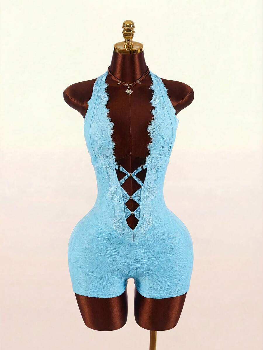 Amplova Bộ jumpsuit nữ không tay cổ chữ V sâu, viền ren - Màu xanh lam - Xem 1