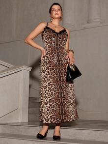 VOLUPTÉ CURVE Vestido sin mangas con estampado de leopardo, lentejuelas y encaje para tallas grandes, inspirado en el estilo vintage, elegante, para vacaciones, fiestas, citas y galas de noche - Multicolor - Ver 4