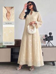 Yasmyna Đầm dài tay màu vàng dệt thêu thanh lịch kiểu Ả Rập dành cho nữ, thích hợp cho mùa xuân/hè. - Màu be - Xem 1