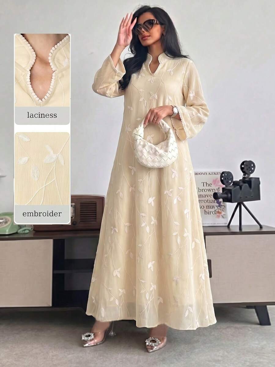 Yasmyna Đầm dài tay màu vàng dệt thêu thanh lịch kiểu Ả Rập dành cho nữ, thích hợp cho mùa xuân/hè. - Màu be - Xem 1
