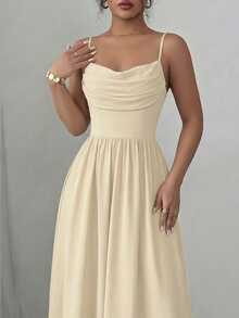 Elenzga Women's Elegant Romantic Chiffon Spaghetti Strap Waist Cinched Flowing Dress, Suitable For Wedding Guests, Sisters Gathering - Apricot - View 4