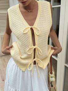 Livesso Women's Autumn Pale Yellow Front Design Lace-Up Tie-Front Cardigan Camisole Knit Top, Casual French Romantic Boho Cute Vacation Beach Style Open Front - Yellow - View 2