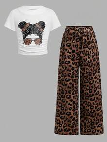 Young Girl Casual Vacation Printed Knit Ruched Short Sleeve Top And Matching Leopard Print Pants Set,Girls Spring/Summer - Multicolor - View 3