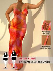 SHEIN PETITE CURVE Vestido de mujer talla grande con tirantes finos y nudo delantero, con estampado sexy de hibisco naranja, adecuado para uso en verano, con vibra hawaiana, ideal para la playa, la piscina, fiestas en resorts y cruceros. Vestido de mujer con estampado floral pequeño, atuendo de vacaciones de verano, perfecto para Coachella y festivales de música de verano - Naranja - Ver 1