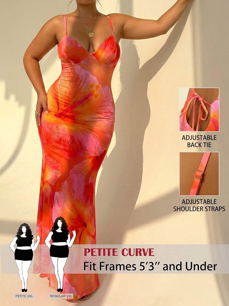 SHEIN PETITE CURVE Vestido de mujer talla grande con tirantes finos y nudo delantero, con estampado sexy de hibisco naranja, adecuado para uso en verano, con vibra hawaiana, ideal para la playa, la piscina, fiestas en resorts y cruceros. Vestido de mujer con estampado floral pequeño, atuendo de vacaciones de verano, perfecto para Coachella y festivales de música de verano - Naranja - Ver 1