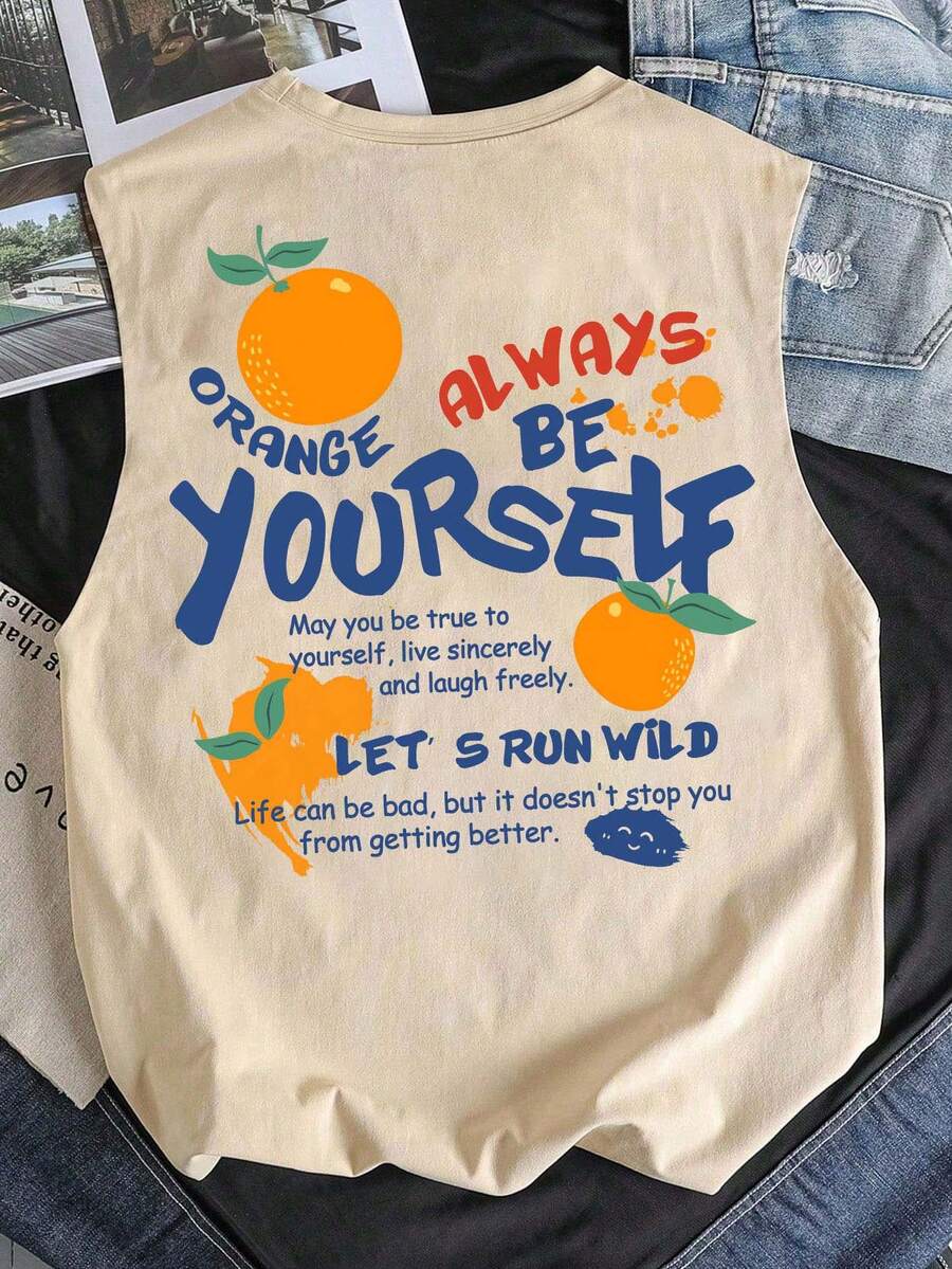 Tween Boys' Casual Minimalist Round Neck Tank Top, Classic Cute & Stylish Orange Text & Graphic Print, Back Print, Suitable For Summer - Khaki - View 1