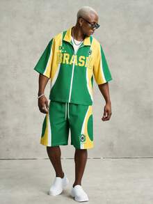 PAVTROS Men's World Cup 2 Pieces Set,Green,Summer,Streetwear,City Break,Short Shirt And Drawstring Shorts,Yellow Contrast Design,Sporty Fashion Gift - Green - View 4