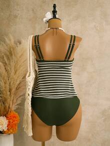 Swim Lushoire Women's Slimming Swimwear Set, Flattering Spa Beach Resort Green Striped Olive Green Summer Casual - Green - View 2