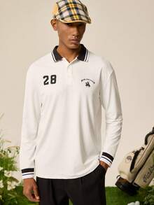 Tonviero Camisa polo de manga larga con gráficos de letras y ribete a rayas, camisa polo urbana casual con bloques de color, regalo para novio, otoño - Blanco - Ver 3