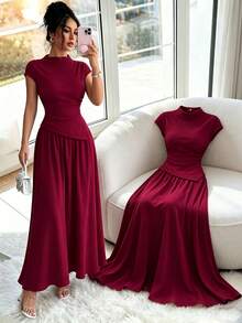 Modelyn Abito elegante da donna in stile francese, a tinta unita, estivo, aderente, con vita arricciata, plissettato e ampio gonna, adatto per occasioni formali - Bordò - Visualizzare 1