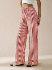 SHEIN Tall Striped & Printed Casual Daily Wear Women Spring/Summer Long Pants - Red - View 4