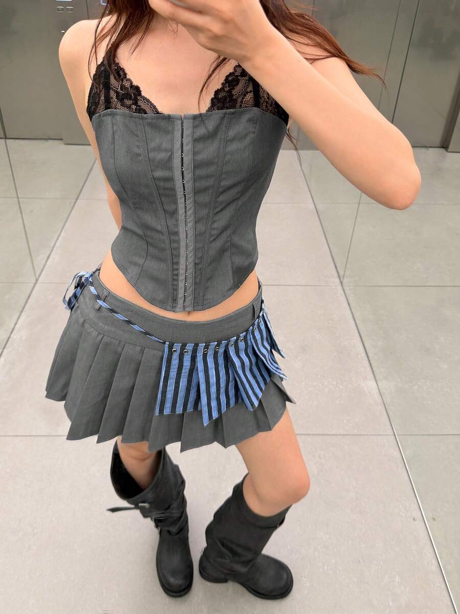 K-Vae 女款條紋拼接百褶A字裙 - 彩色 - 查看 1