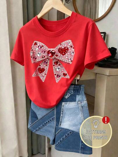 Camiseta corta de mujer de primavera y verano, de estilo casual y fashionable, con personalidad creativa y refrescante, de diseño minimalista con brillantes diamante de imitación, decoración de lazo floral y estampado, cómoda para el uso diario, adecuada para primavera, verano y otoño
