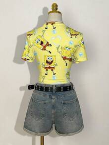 SpongeBob SquarePants | SHEIN Áo thun nữ cổ tròn tay ngắn in hình hoạt hình dễ thương, kiểu dáng ôm vừa vặn. - trắng - Xem 2