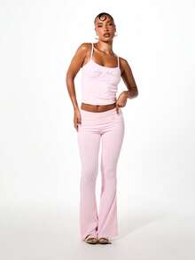 BABYPHAT Fold Over Waist Flare Leggings With Rhinestone Logo Detail Low Rise Bell Bottom Full Length Pants - Baby Pink - View 3