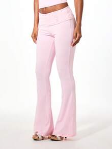 BABYPHAT Fold Over Waist Flare Leggings With Rhinestone Logo Detail Low Rise Bell Bottom Full Length Pants - Baby Pink - View 5
