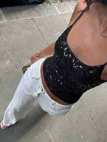Aloruh Women's New Lace & Sequin Splice Sexy Camisole, Streetwear,Summer Top - Black - View 3