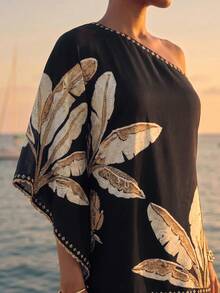 CAJUNI 时尚度假风金色棕榈刺绣蝙蝠单袖迷你连衣裙 - 黑色 - 查看 3