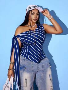 Maweii Plus Size Women Sexy Party Summer Vacation Blue Striped Cowl Neck Blouse - Blue - View 3