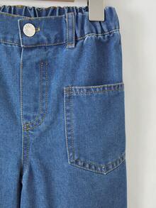 SHEIN 女童休闲牛仔裤，轻薄透气，适合夏季穿着，可爱街头风，中度水洗蓝色，松紧腰带，带口袋，宽松版型，柔软棉质牛仔面料，适合日常、聚会、上学等场合，2026夏季新款 - 深色水洗藍 - 查看 6