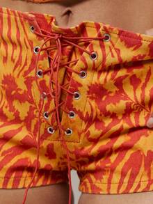MUSERA Printed Denim Low Rise Lace Up Front Micro Shorts Spring Summer Ibiza Festival Holiday Vacation Cute Sexy Y2k Night Out Club Tropical Seduction - Orange - View 6