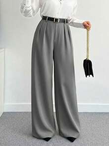 SHEIN Tall CURVE 大码女式纯色褶裥休闲百搭通勤阔腿裤 - 灰色 - 查看 3