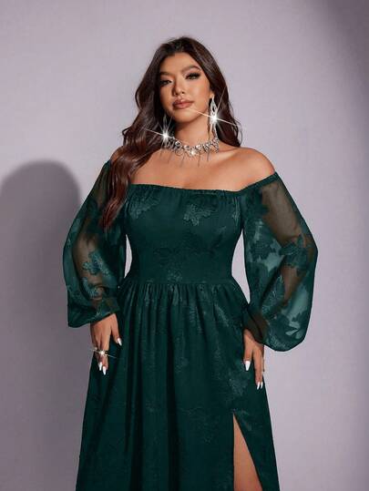 Viva Relle Plus Size Off-Shoulder Lantern Sleeve Pleated Elegant Summer Dress Fall