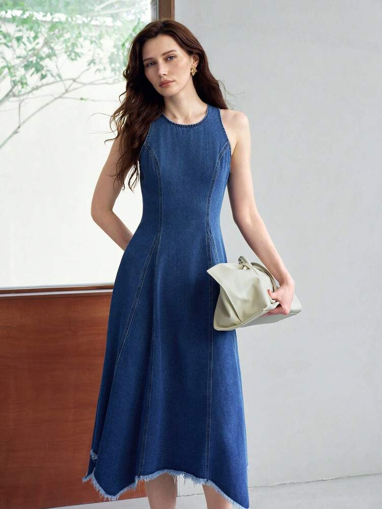 WOMEN'S ASYMMETRIC HEM A-LINE DENIM MIDI DRESS, SPRING/SUMMER